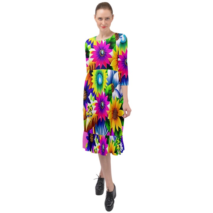 Flower Vase Flower Collage Pop Art Ruffle End Midi Chiffon Dress