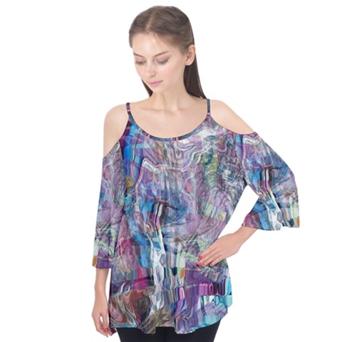 Layered Waves Flutter Sleeve T-shirt  by kaleidomarblingart