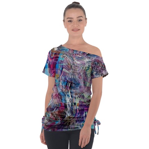 Layered Waves Off Shoulder Tie-up T-shirt by kaleidomarblingart