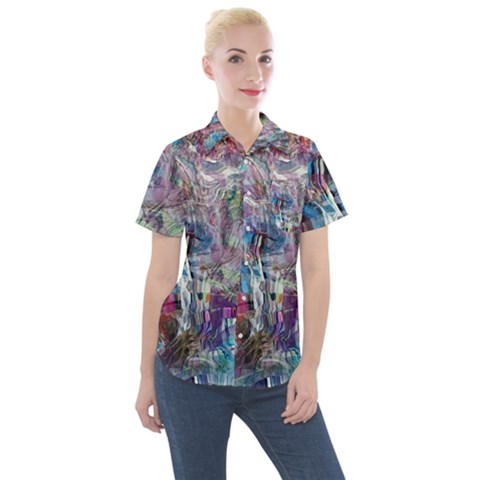 Layered Waves Women s Short Sleeve Pocket Shirt by kaleidomarblingart