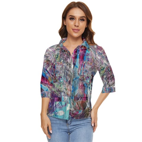 Layered Waves Women s Quarter Sleeve Pocket Shirt by kaleidomarblingart