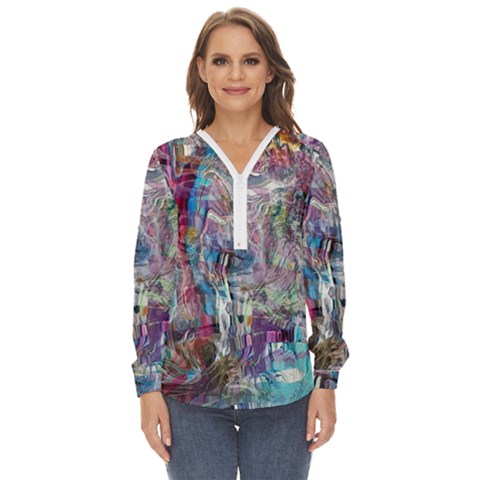 Layered Waves Zip Up Long Sleeve Blouse by kaleidomarblingart