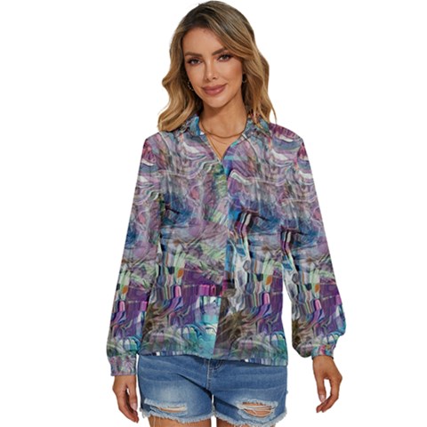 Layered Waves Women s Long Sleeve Button Up Shirt by kaleidomarblingart