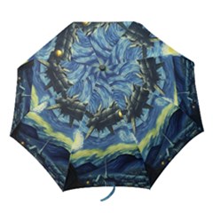 Spaceship Starry Night Van Gogh Painting Folding Umbrellas