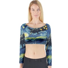 Spaceship Starry Night Van Gogh Painting Long Sleeve Crop Top