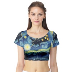 Spaceship Starry Night Van Gogh Painting Short Sleeve Crop Top