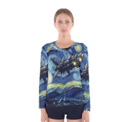 Spaceship Starry Night Van Gogh Painting Women s Long Sleeve T-shirt