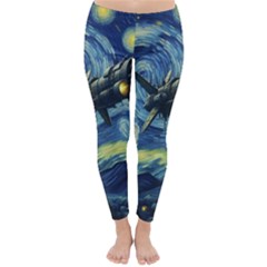 Spaceship Starry Night Van Gogh Painting Classic Winter Leggings by Maspions