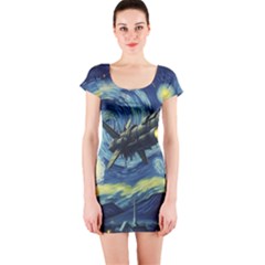 Spaceship Starry Night Van Gogh Painting Short Sleeve Bodycon Dress