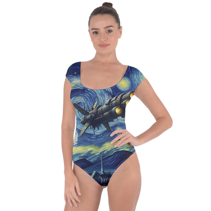 Spaceship Starry Night Van Gogh Painting Short Sleeve Leotard 