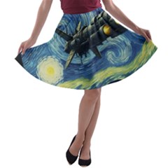 Spaceship Starry Night Van Gogh Painting A-line Skater Skirt