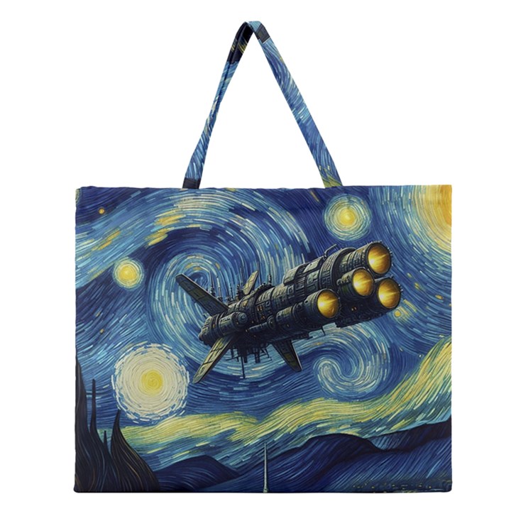 Spaceship Starry Night Van Gogh Painting Zipper Large Tote Bag