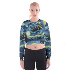 Spaceship Starry Night Van Gogh Painting Cropped Sweatshirt by Maspions