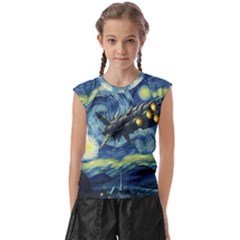 Spaceship Starry Night Van Gogh Painting Kids  Raglan Cap Sleeve T-shirt