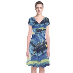 Spaceship Starry Night Van Gogh Painting Short Sleeve Front Wrap Dress