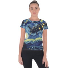 Spaceship Starry Night Van Gogh Painting Short Sleeve Sports Top 