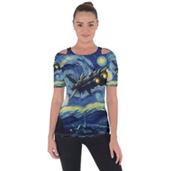 Spaceship Starry Night Van Gogh Painting Shoulder Cut Out Short Sleeve Top by Maspions