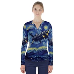 Spaceship Starry Night Van Gogh Painting V-neck Long Sleeve Top