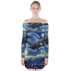 Spaceship Starry Night Van Gogh Painting Long Sleeve Off Shoulder Dress