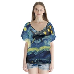 Spaceship Starry Night Van Gogh Painting V-neck Flutter Sleeve Top