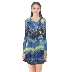 Spaceship Starry Night Van Gogh Painting Long Sleeve V-neck Flare Dress