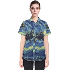 Spaceship Starry Night Van Gogh Painting Women s Short Sleeve Shirt