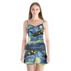 Spaceship Starry Night Van Gogh Painting Satin Pajamas Set