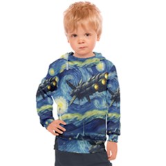 Spaceship Starry Night Van Gogh Painting Kids  Hooded Pullover by Maspions