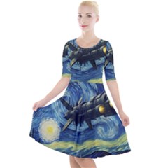 Spaceship Starry Night Van Gogh Painting Quarter Sleeve A-line Dress