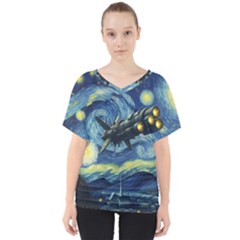 Spaceship Starry Night Van Gogh Painting V-neck Dolman Drape Top