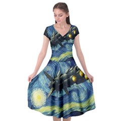 Spaceship Starry Night Van Gogh Painting Cap Sleeve Wrap Front Dress