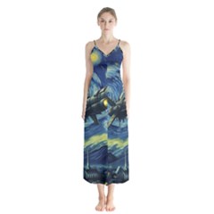 Spaceship Starry Night Van Gogh Painting Button Up Chiffon Maxi Dress