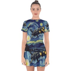 Spaceship Starry Night Van Gogh Painting Drop Hem Mini Chiffon Dress