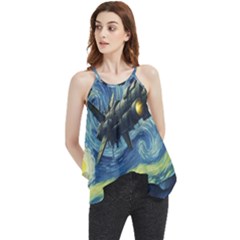 Spaceship Starry Night Van Gogh Painting Flowy Camisole Tank Top