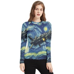 Spaceship Starry Night Van Gogh Painting Women s Long Sleeve Rash Guard