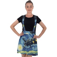 Spaceship Starry Night Van Gogh Painting Velvet Suspender Skater Skirt by Maspions