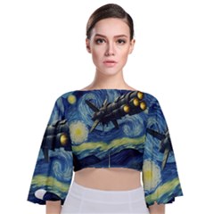 Spaceship Starry Night Van Gogh Painting Tie Back Butterfly Sleeve Chiffon Top