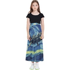 Spaceship Starry Night Van Gogh Painting Kids  Flared Maxi Skirt by Maspions