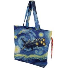 Spaceship Starry Night Van Gogh Painting Drawstring Tote Bag by Maspions