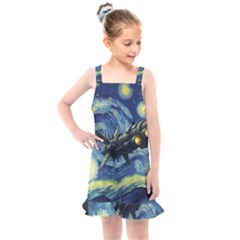 Spaceship Starry Night Van Gogh Painting Kids  Overall Dress