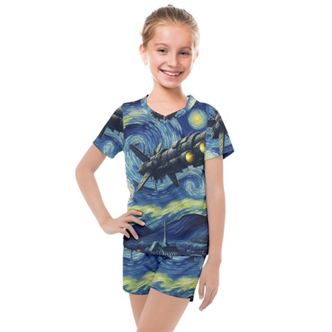 Spaceship Starry Night Van Gogh Painting Kids  Mesh T-shirt And Shorts Set by Maspions