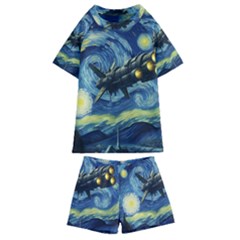 Spaceship Starry Night Van Gogh Painting Kids  Swim T-shirt And Shorts Set