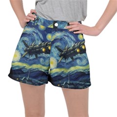 Spaceship Starry Night Van Gogh Painting Women s Ripstop Shorts