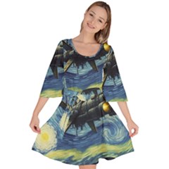 Spaceship Starry Night Van Gogh Painting Velour Kimono Dress