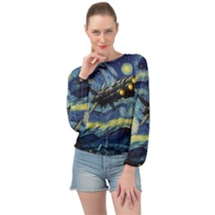 Spaceship Starry Night Van Gogh Painting Banded Bottom Chiffon Top