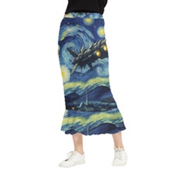 Spaceship Starry Night Van Gogh Painting Maxi Fishtail Chiffon Skirt