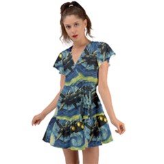 Spaceship Starry Night Van Gogh Painting Flutter Sleeve Wrap Dress