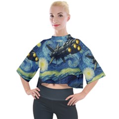 Spaceship Starry Night Van Gogh Painting Mock Neck T-shirt