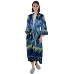 Spaceship Starry Night Van Gogh Painting Maxi Satin Kimono