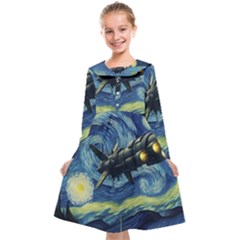 Spaceship Starry Night Van Gogh Painting Kids  Midi Sailor Dress by Maspions